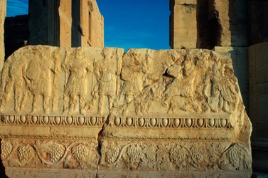 Sarcophagus panel with military figures carved in low relief